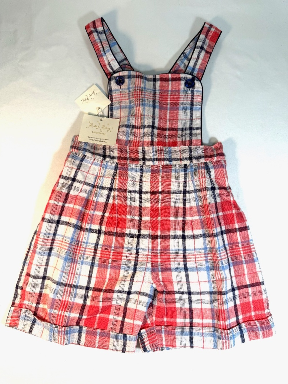 NWT Rachel Riley London Red White & Blue Plaid Overall Shorts Sz 18M Designer